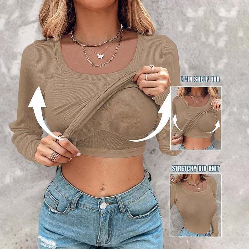 🔥Neck Built-in Bra Long Sleeve Ribbed Top Shirts Elegant Skinny Fit Fabric💥