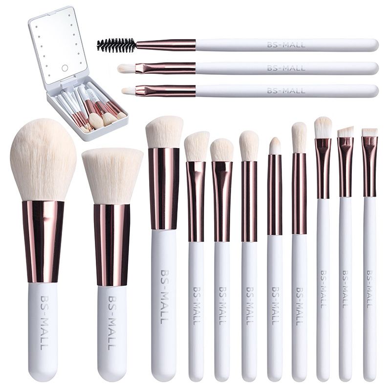Travel Makeup Brush Set with LED Light Mirror